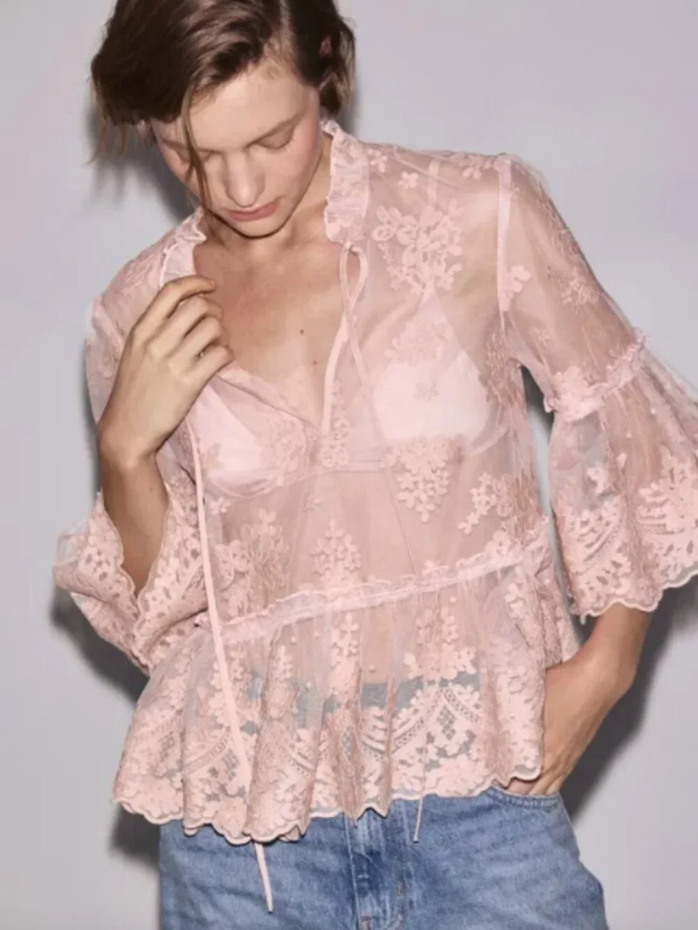 (5) Free People Y2K Dark Romantic Whimsigoth Boho Sheer Lace Peplum Layer Top S